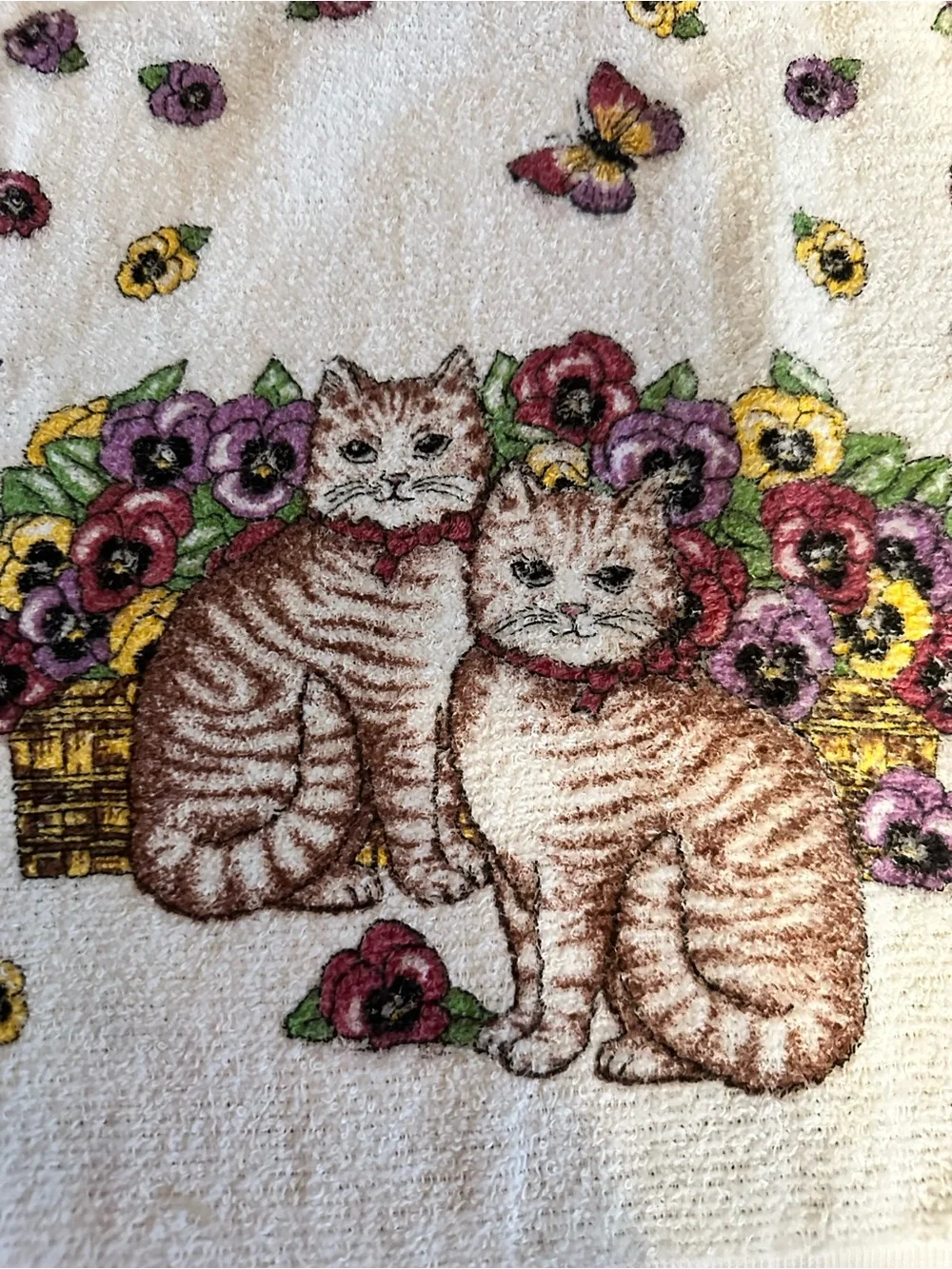 Vintage White Hand Towels with Brown Tabby Cats and Colorful Pansies